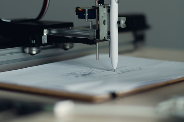 A closeup of an electronic pen plotter drawing on paper.
